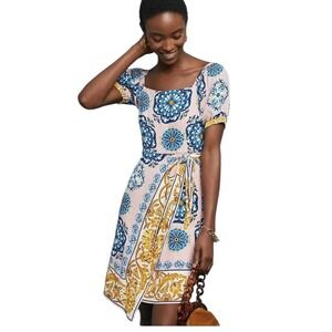 Anthropologie Maeve Resort Faux Wrap Dress Pink Blue Floral Medallion Print Sz 6